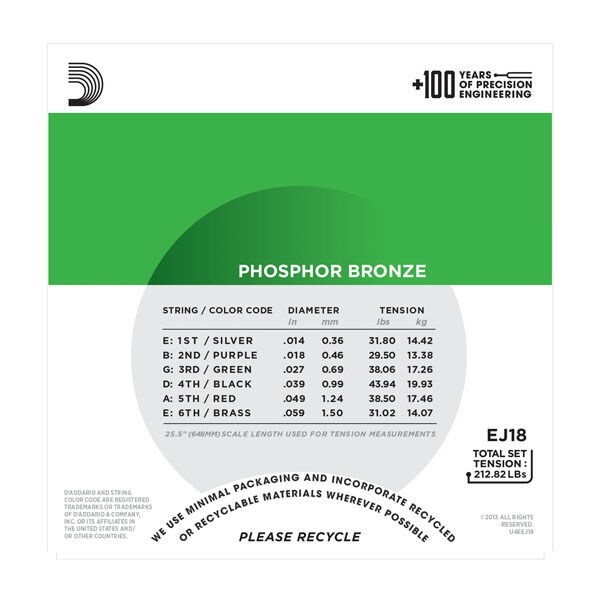 D'Addario EJ18 Phosphor Bronze Heavy Acoustic Strings, 14-59