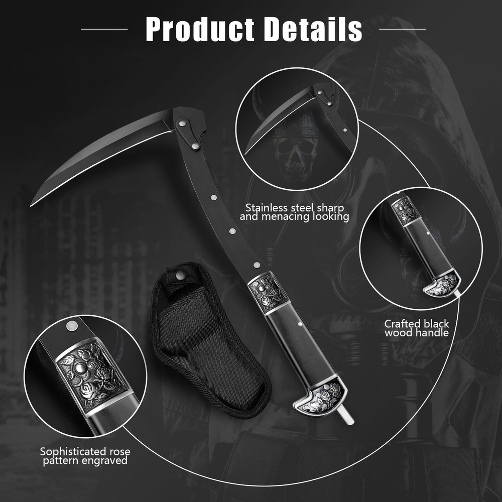 YEESOOM Black Sharp Folding Sickle Knife, Two Section Foldable Scythe Knife, ...
