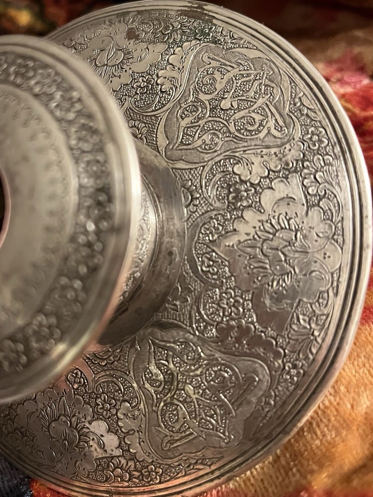 Silver antique Persian Candle Holder Floral Script solid silver 4 oz 39 gm