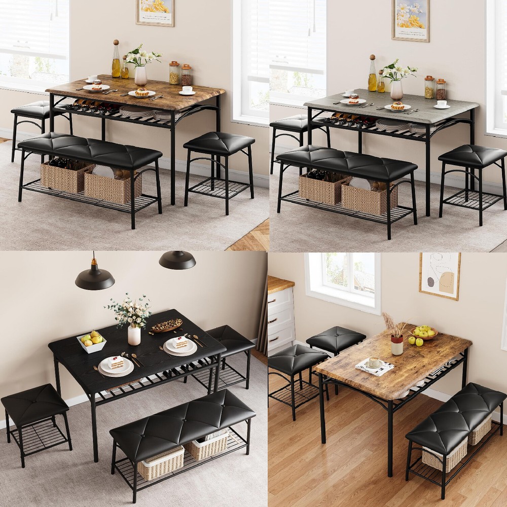 Modern Dining Table Set for 4 Kitchen Table with Upholstered Benches and Stools