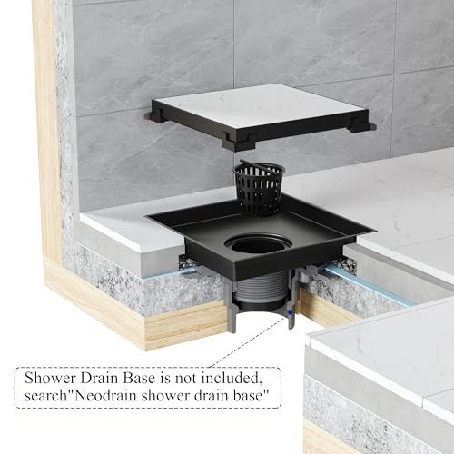 4-Inch Square Shower Drain with Removable Tile Insert Grate, 4 In Matte Black