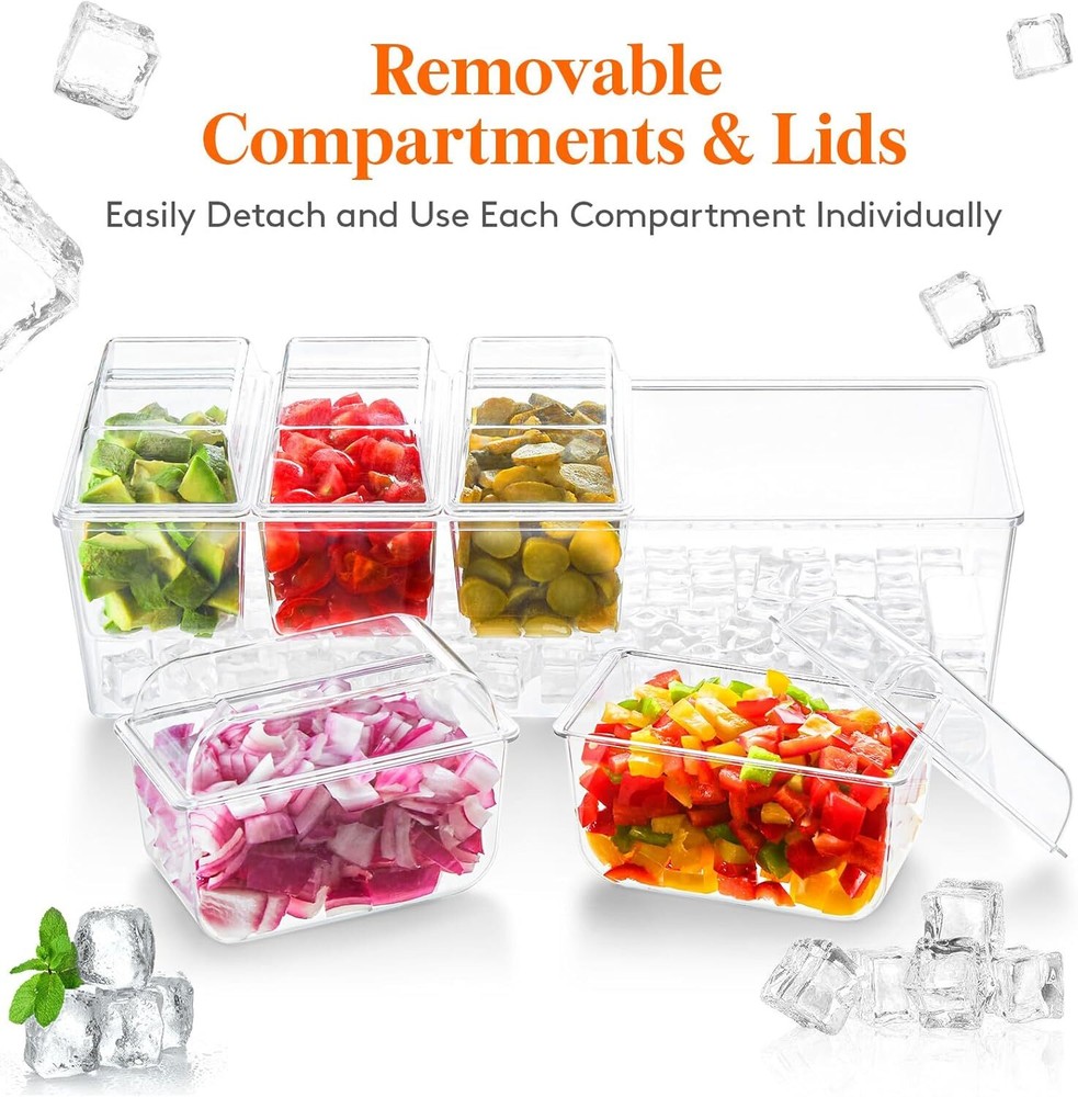 Ice Chilled Condiment Caddy 5 Containers(2.5 cup),Condiment Server Separate Lids
