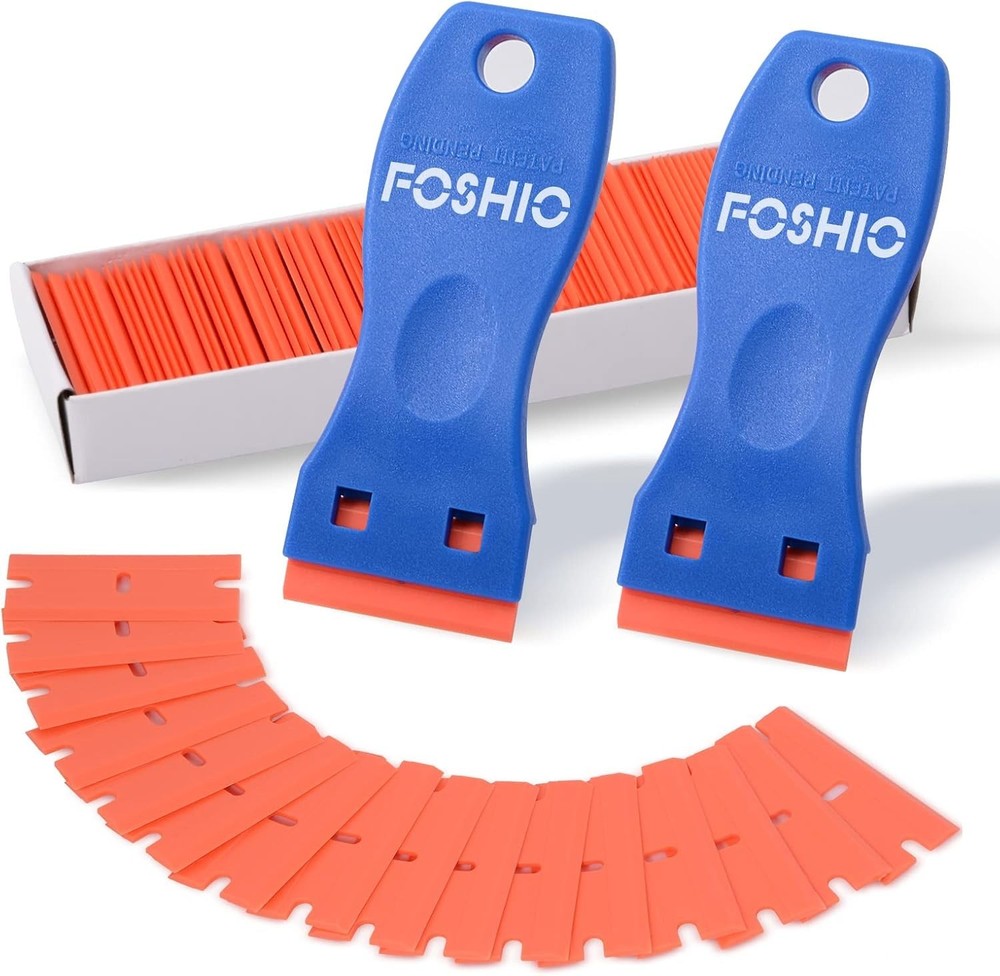 Plastic Razor Blade Scraper Set - 2PCS Tools & 100 Blades for Easy Adhesive R...
