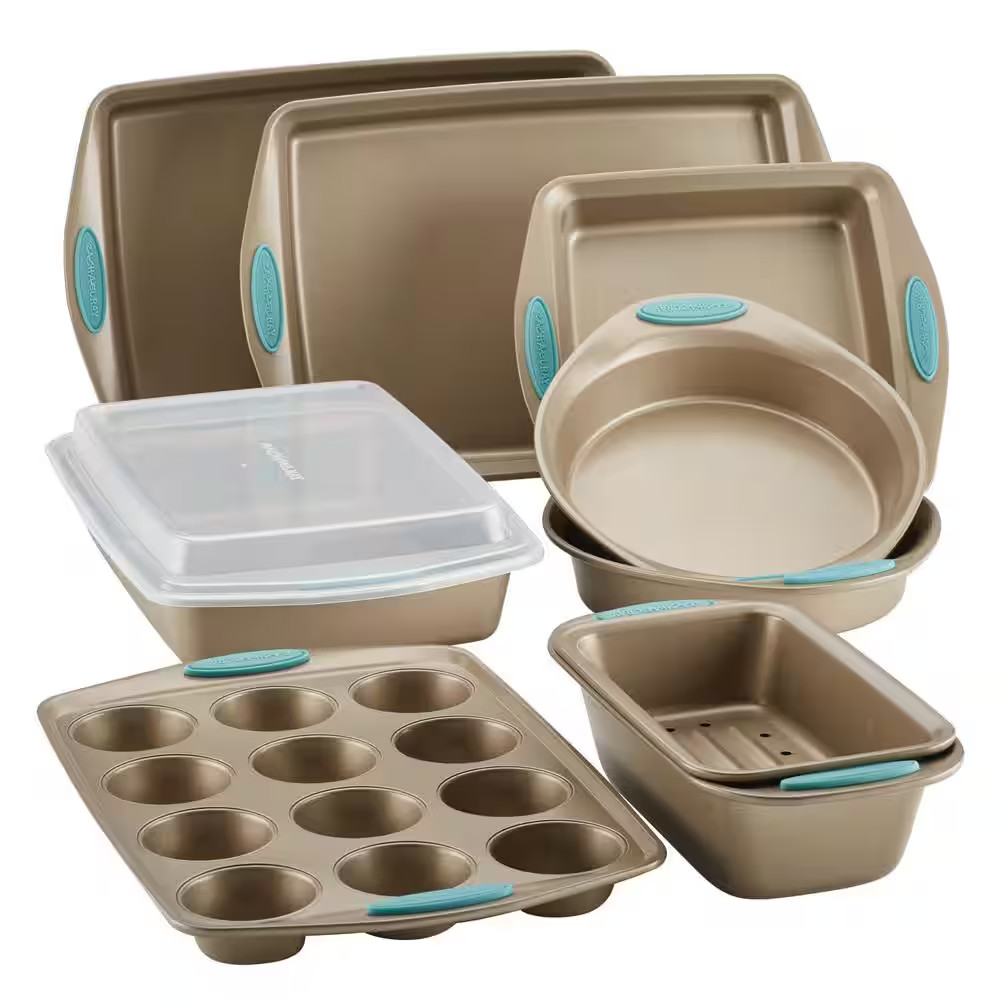 Cucina 10-Piece Nonstick Bakeware Set in Latte Brown and Agave Blue