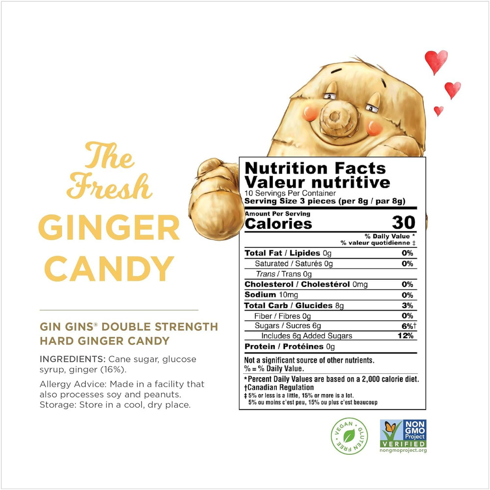Gin Gins Double Strength Ginger Hard Candy, Individually Wrapped, 3 Oz Bag