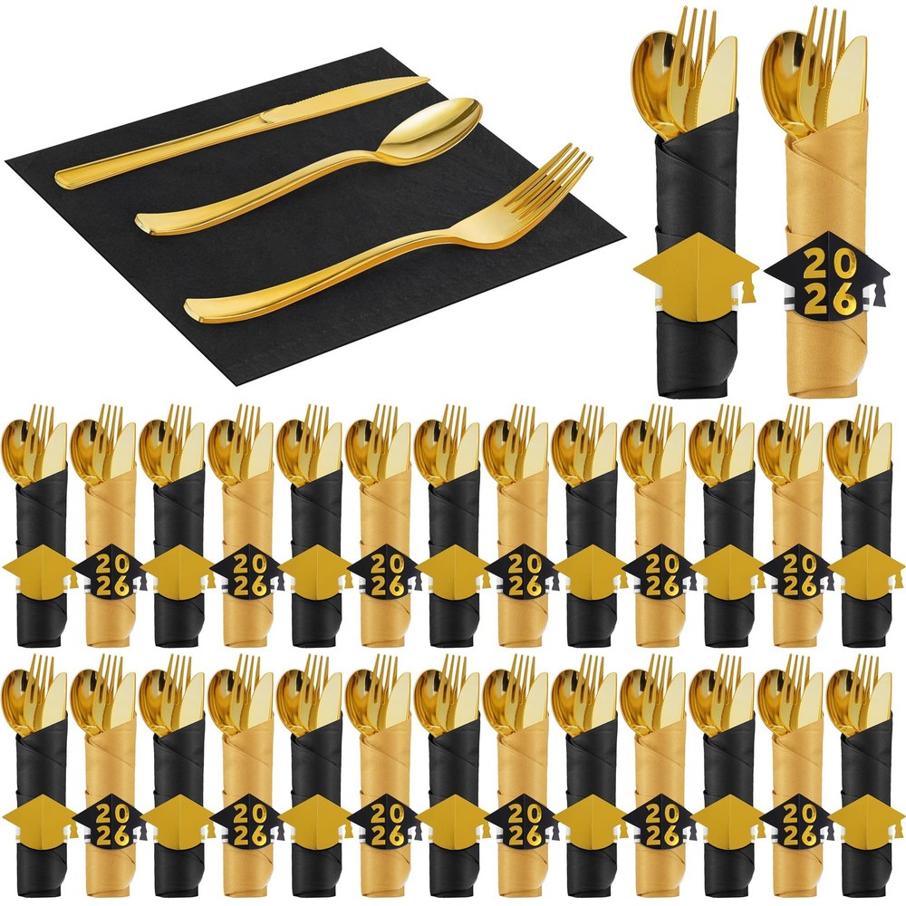 50 Pack Pre Rolled Gold Plastic Silverware Sets Graduation Heavy Duty Plastic...