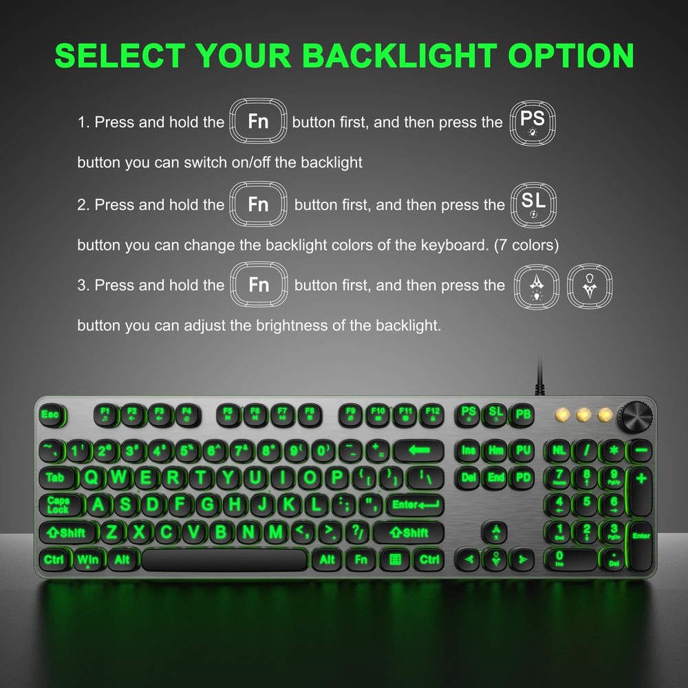 Large Print Backlit Keyboard with 7-Color Backlit, Wired USB Lighted Computer...