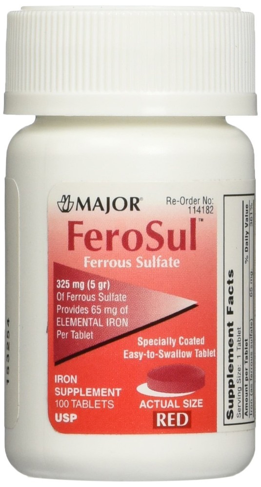 6 Pack Major Ferosul Ferrous Sulfate 325Mg Red Tablets 100 Each