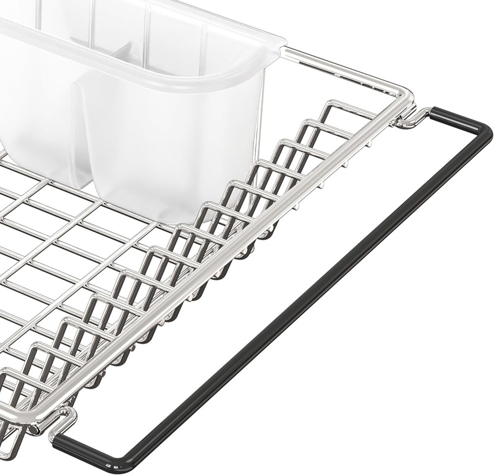 Chic Chrome Dish Drying Rack with 2-Compartment Utensil Holder - Large Capacity