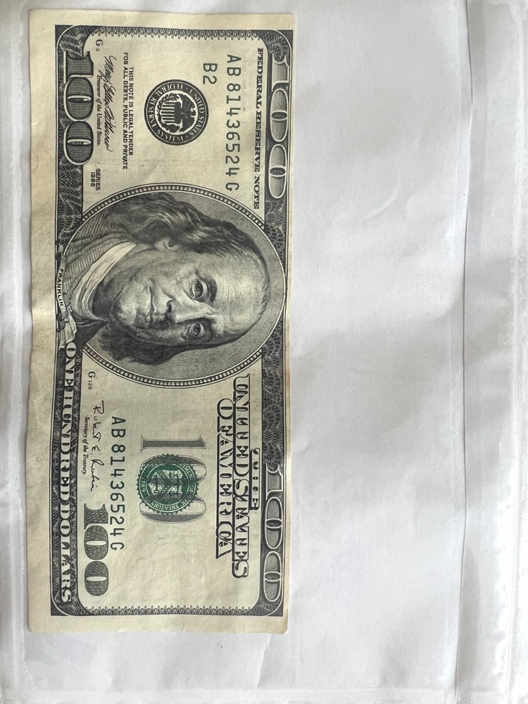 1996 $100 dollar bill-Off Center-Misaligned-Error Federal reserve note