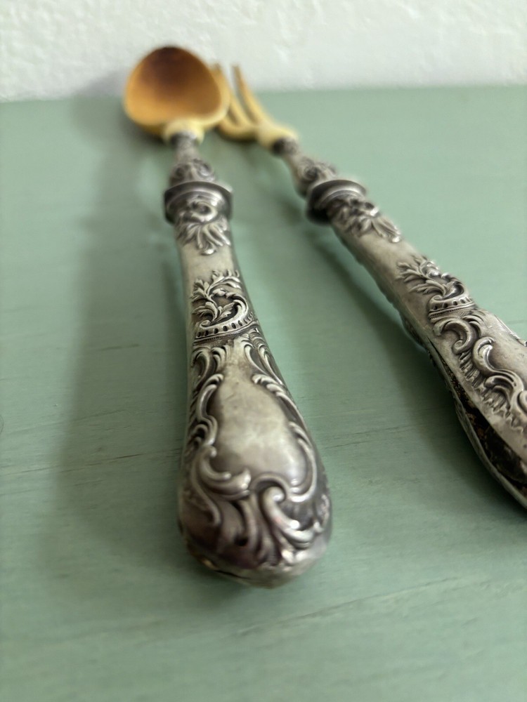 Antique silver And Horn salad Server fork and spoon (signed)
