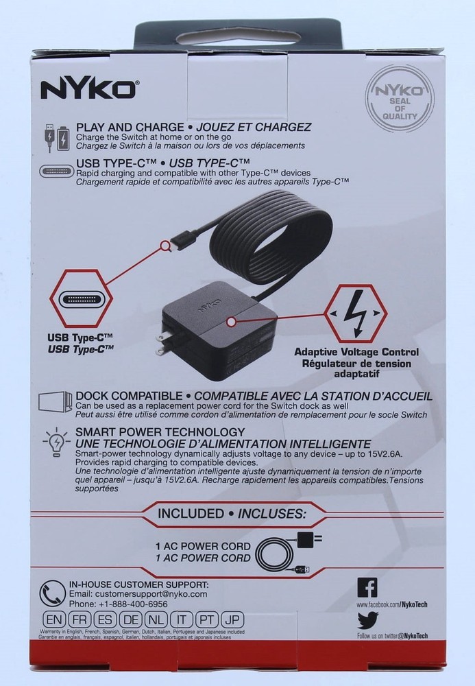 Nyko AC Rapid Charging USB-C Power Cord for Switch