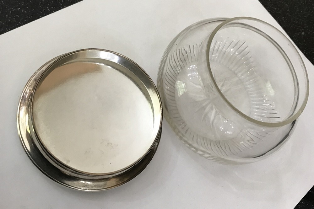 HM Hallmarked Solid Sterling Silver Glass Engine Turned Dressing Table Pot Box