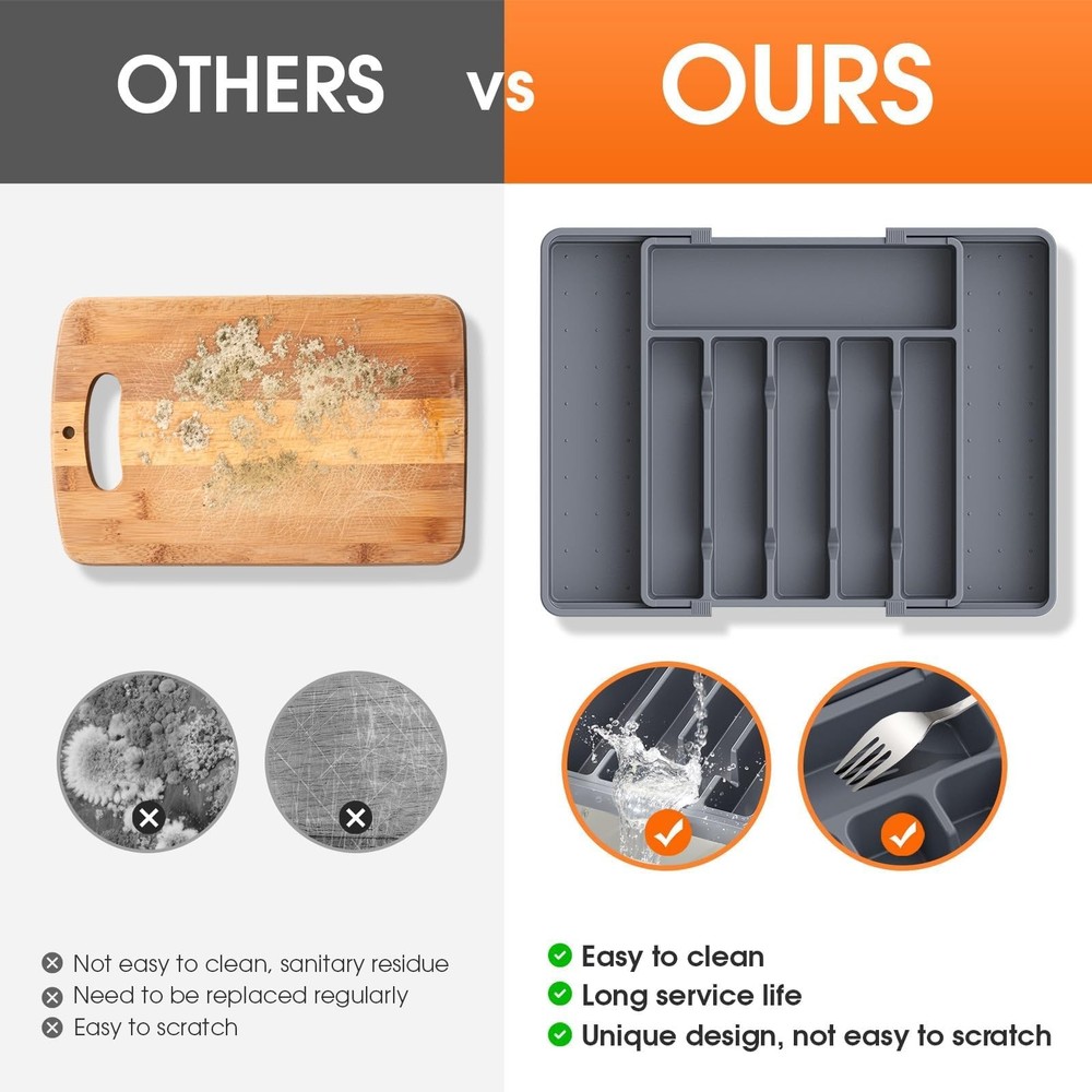 SpaceHacks Silverware Organizer，Adjustable & Expandable Utensil Large, Grey