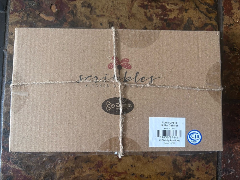 NWT Scribbles Kitchen Collection Butter Dish & Knife Set Be Filled With Joy
