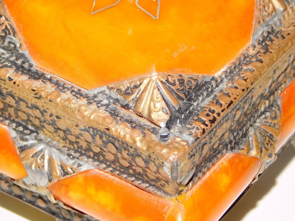 Ancient Tibetan REAL AMBER Brass and Hammered Copper BOX