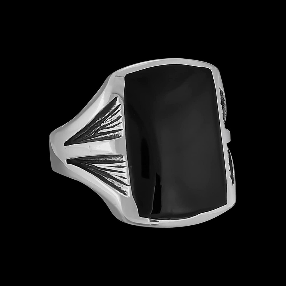 Size 9-925 Sterling Silver Black Resin Rectangle Ring, Engraved Fan Design,...