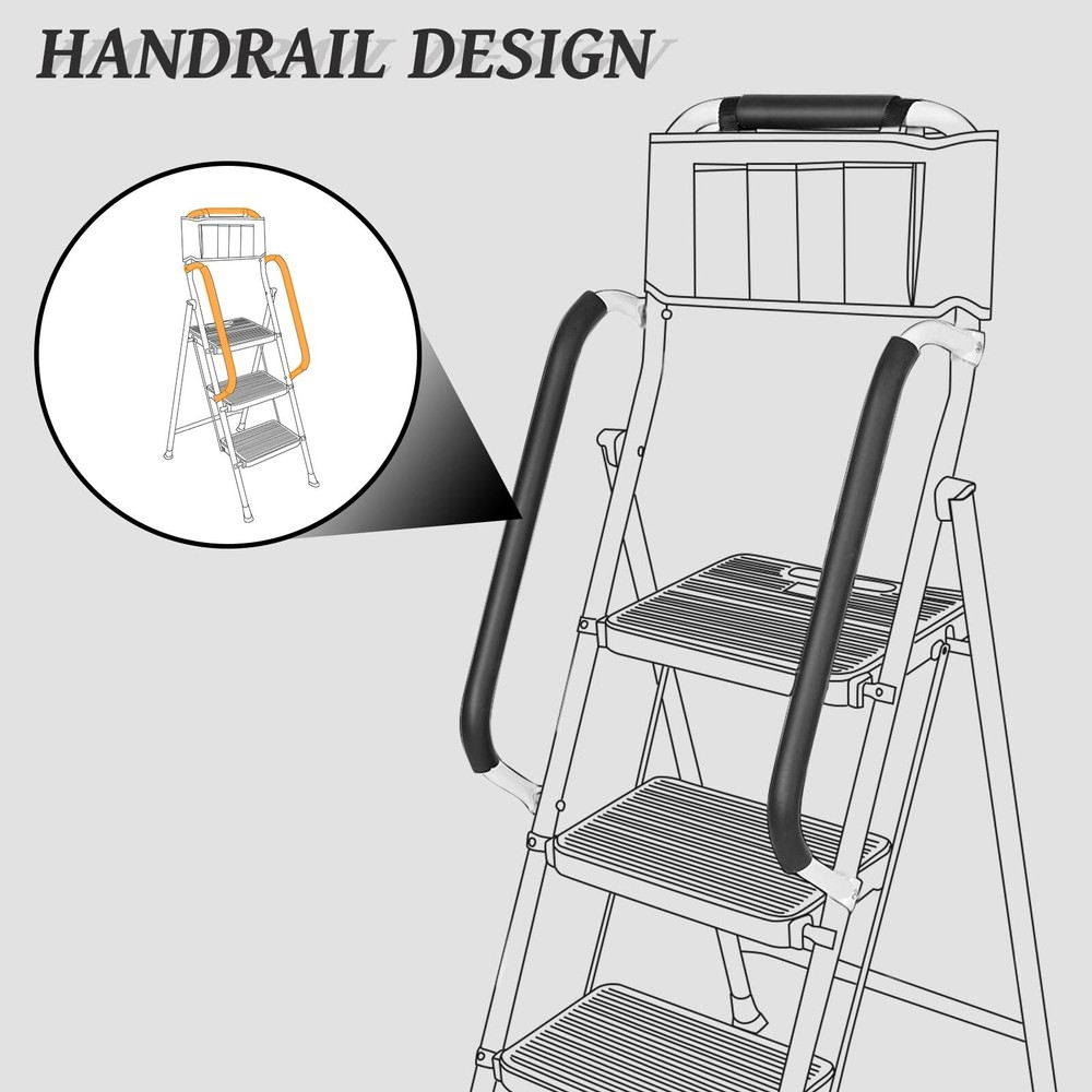 500 lbs 3 Step Ladder with Handrails & Attachable Tool Bag Folding Stool Ladder