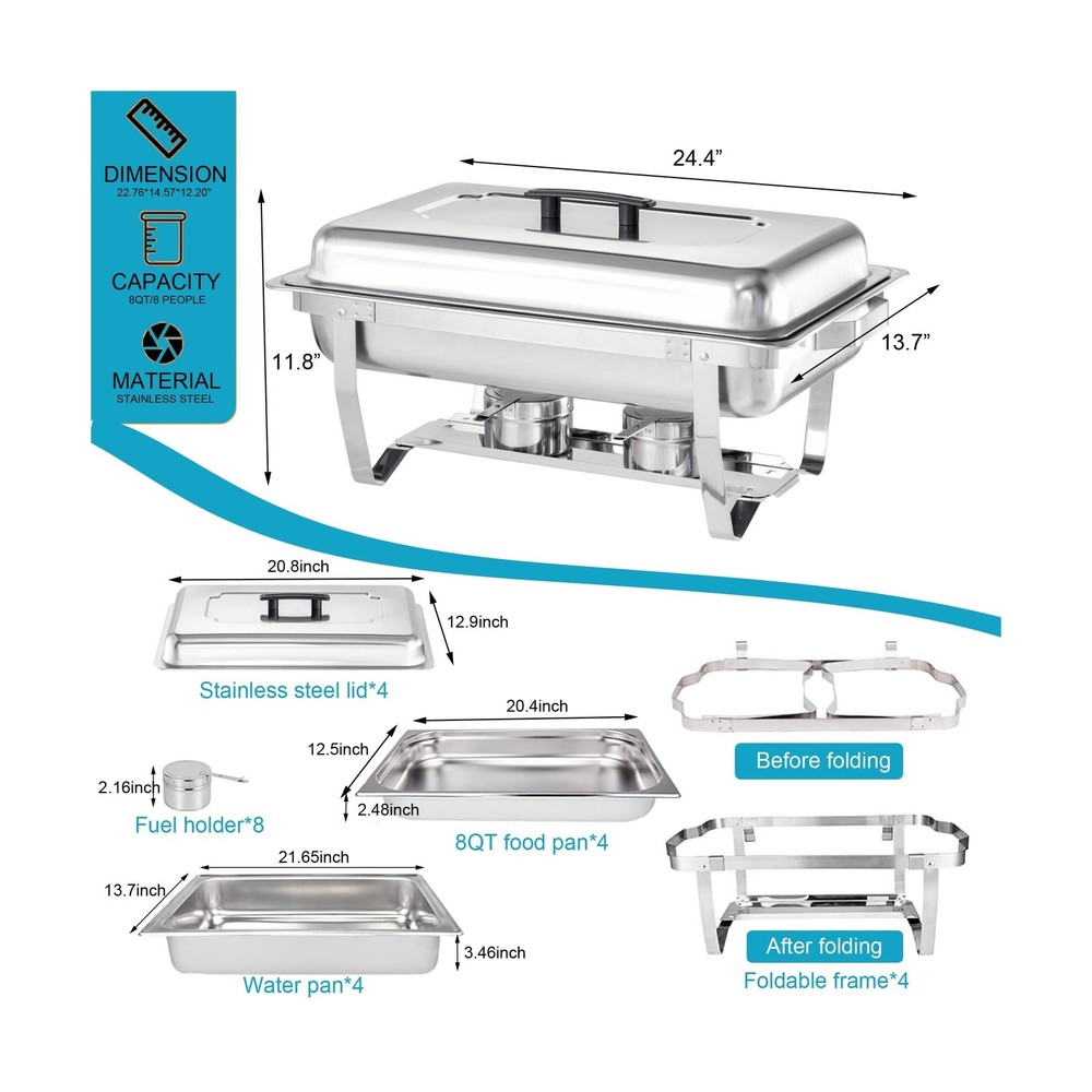 Chafing Dish Buffet Set 4 Packs,9 Quart Stainless Steel Foldable Rectangular ...