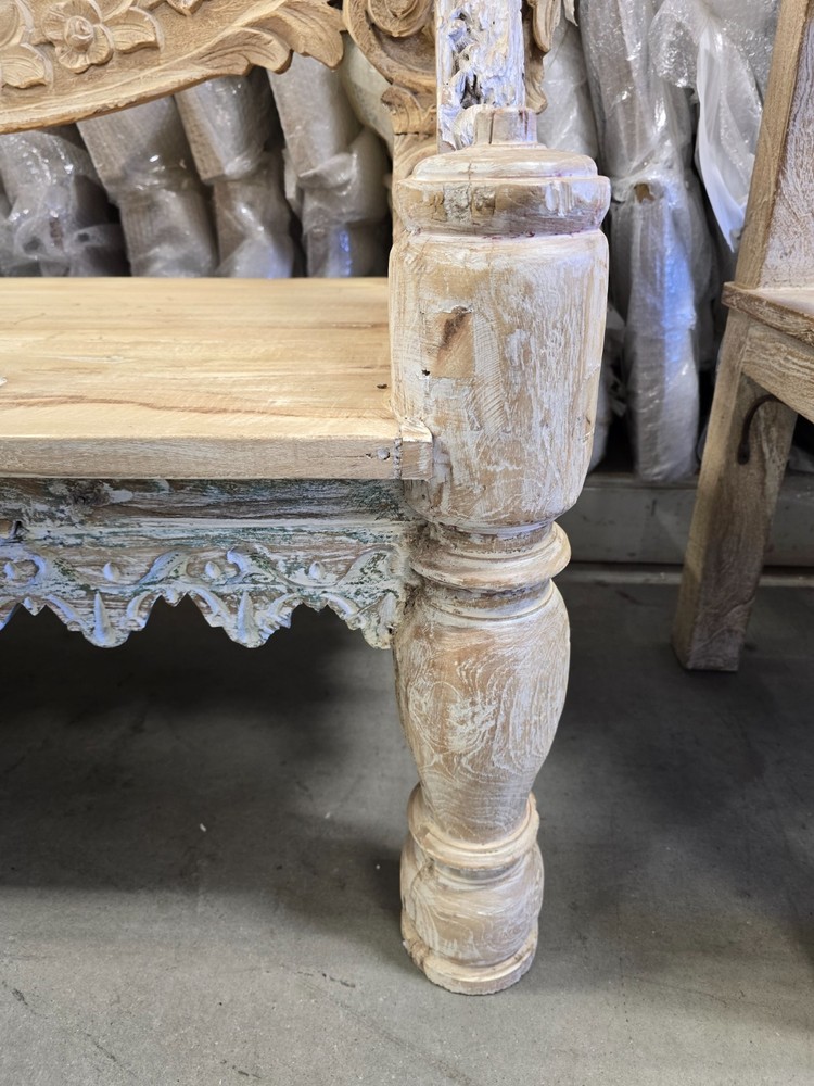 Reclaimed solid wood bench with floral carving design