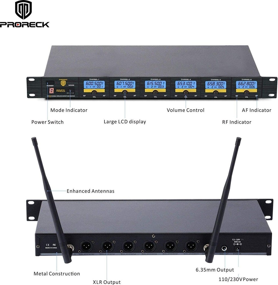 PRORECK MX66 6-Channel UHF Wireless Microphone System with 6 Hand-held Mics