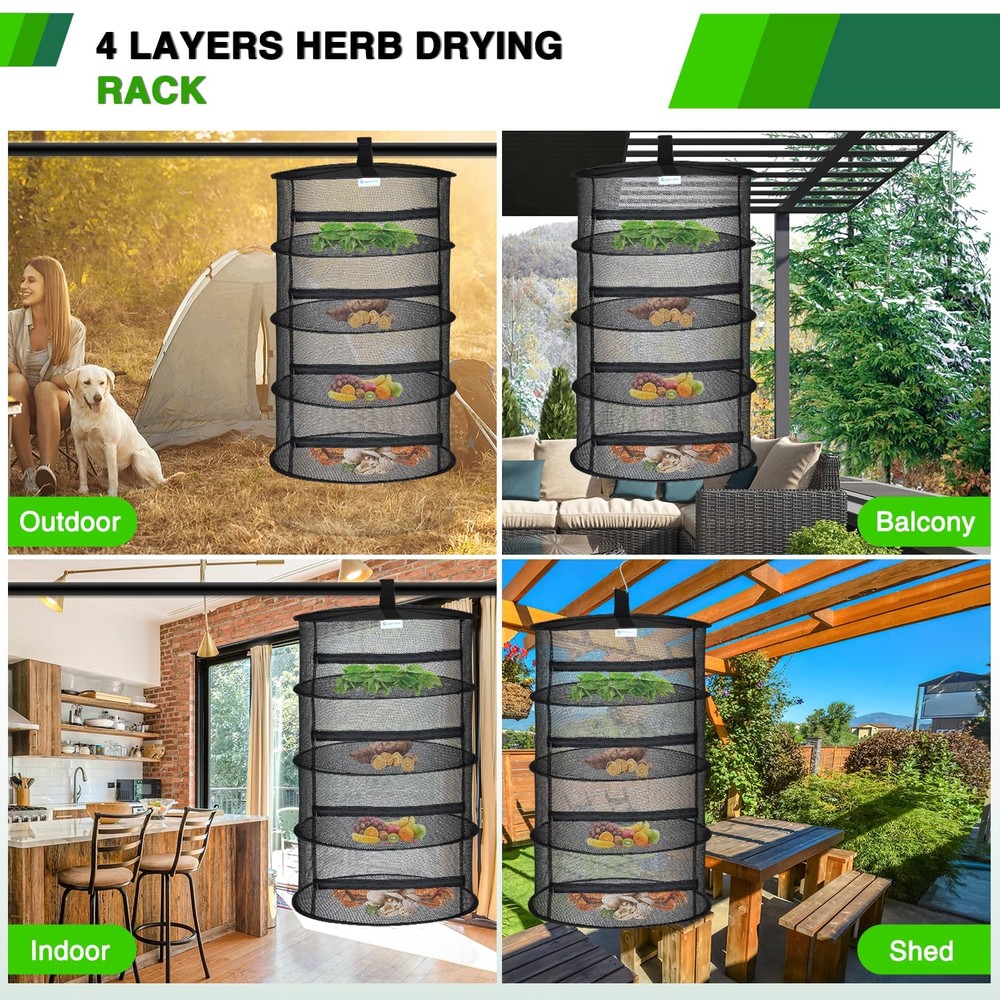 4 Layer Herb Drying Rack Hanging Mesh Net Foldable Plant Drying Racks 18" Dia...