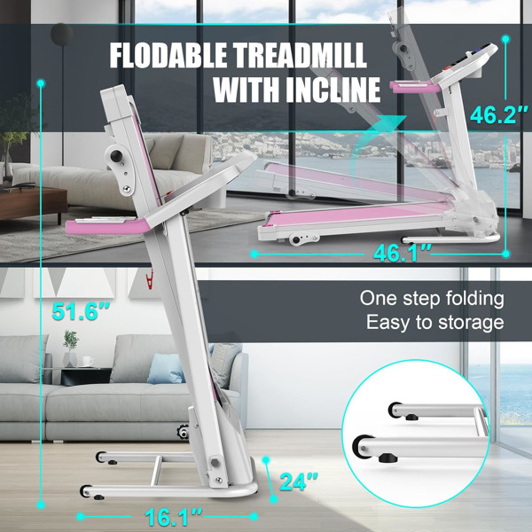 Compact Folding Treadmill For Home - 2.5HP Quiet Brushless Motor,