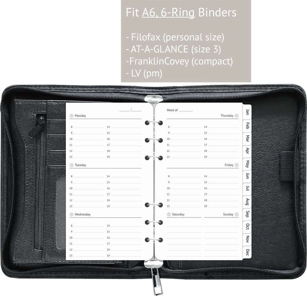 A6 Planner Refills Undated, 2-Page Per Week with Hourly A6/Personal, black