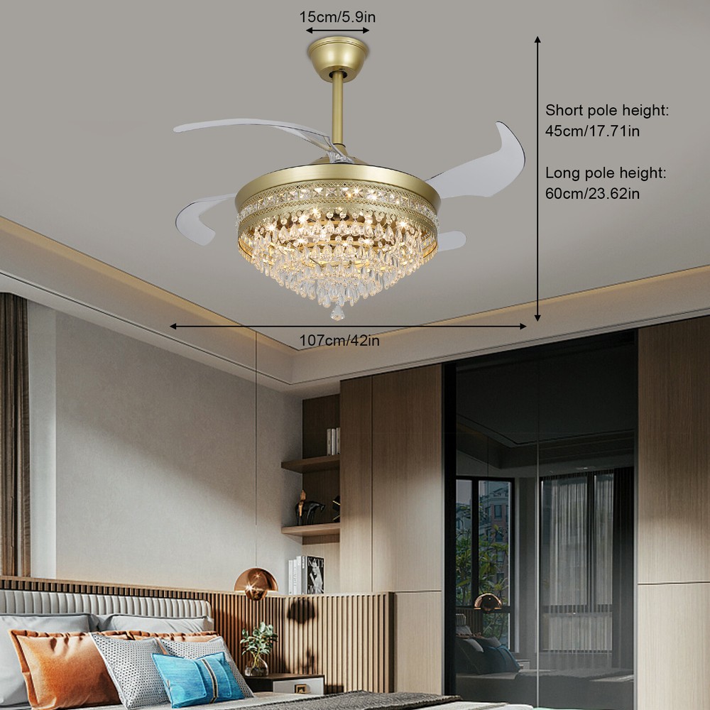 Modern Crystal Ceiling Fan Light with Remote Control and LED Illumination