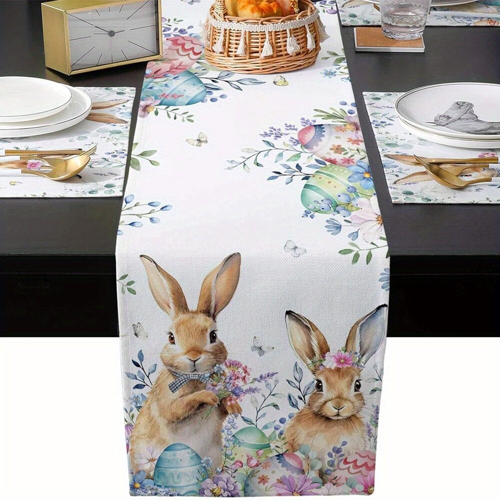 1 PC Easter Table Flag Bunny Eggs Long Eucalyptus Leaf Print Table Runner