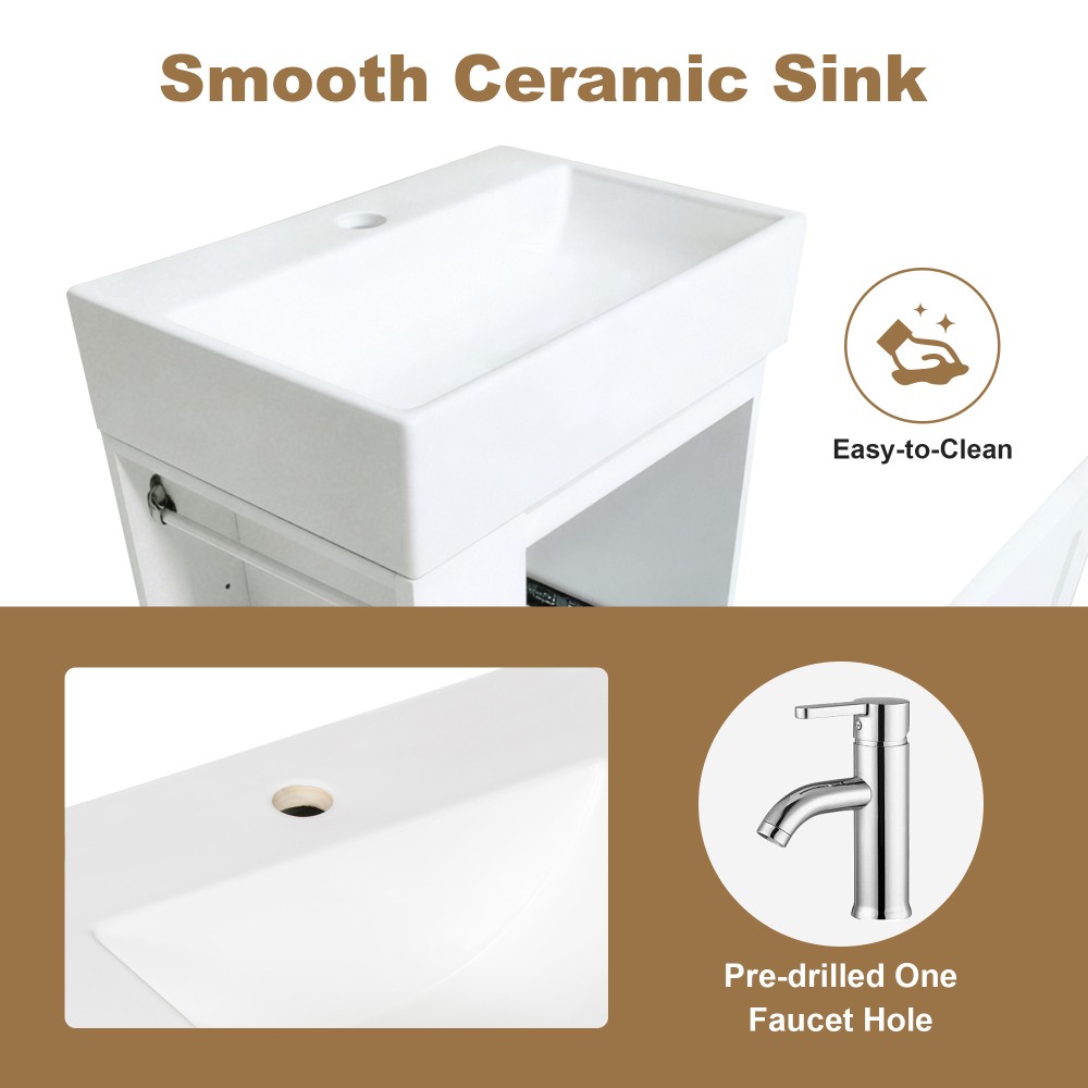 Bathroom Vanity with Ceramic Sink Includes Drawers and Side Shelves