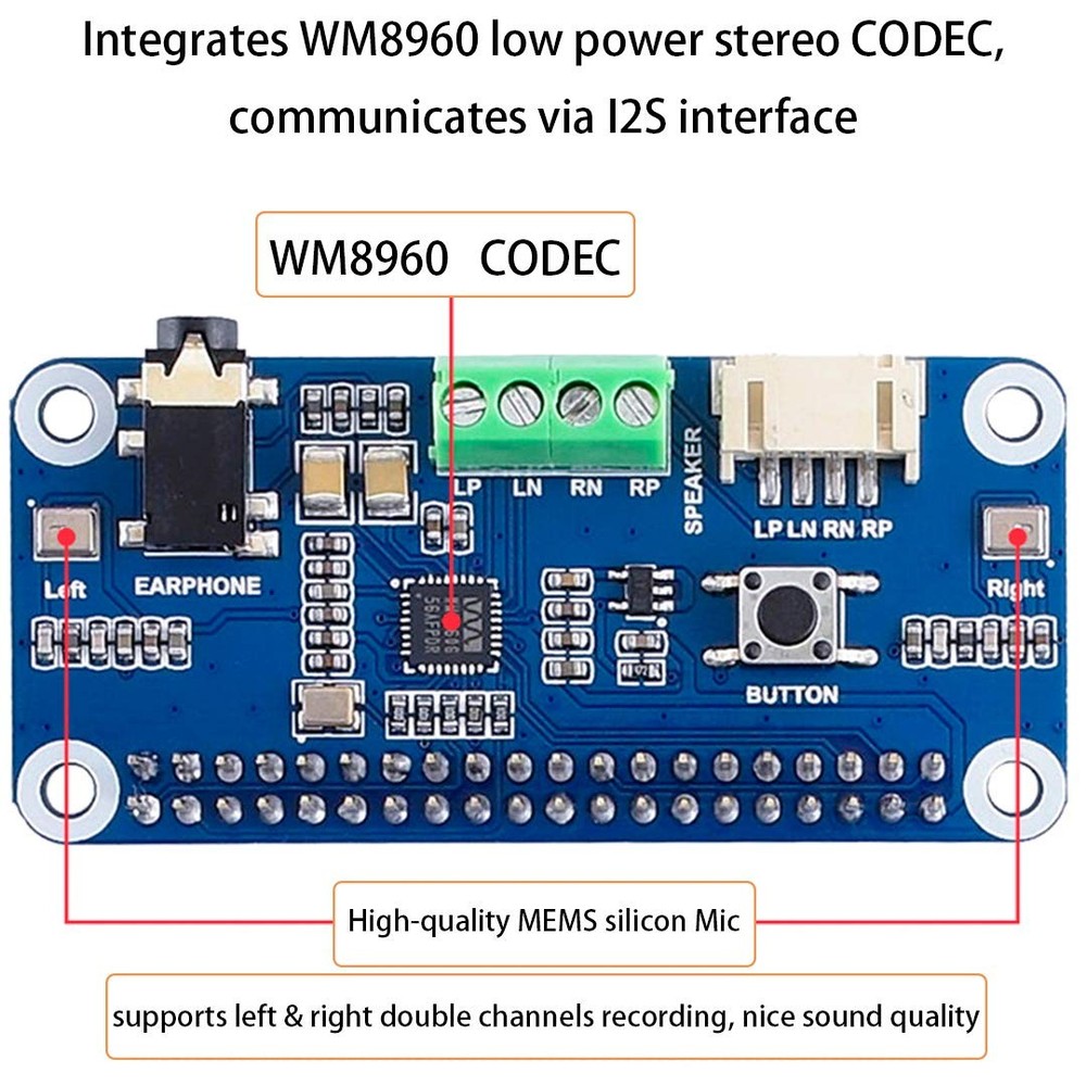 WM8960 Hi-Fi Sound Card HAT Compatible with Raspberry Pi 5/4B/3B+/3B/Pi Zero ...