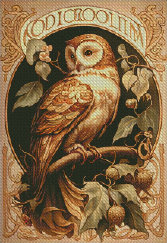 Owl Mucha Style - Chart Counted Cross Stitch Patterns Needlework DMC Color