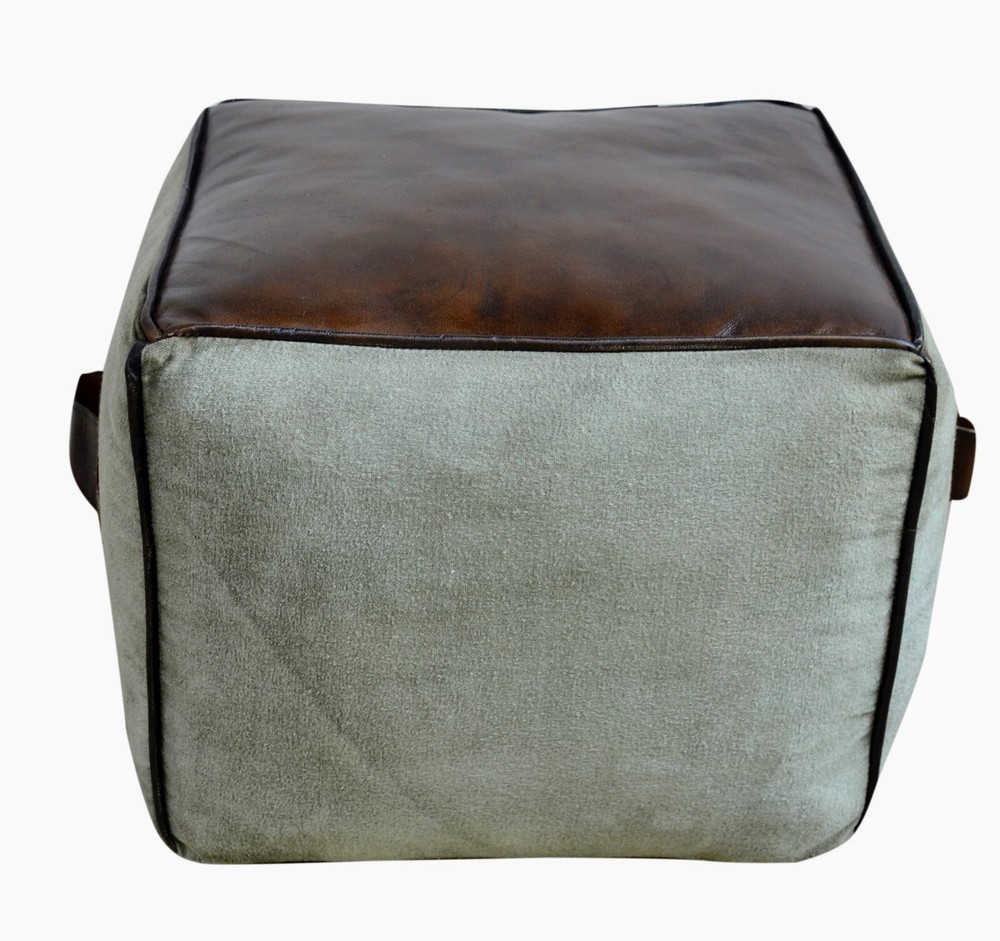 Rectangular Canvas Leather Pouf NARA with Leather Accents