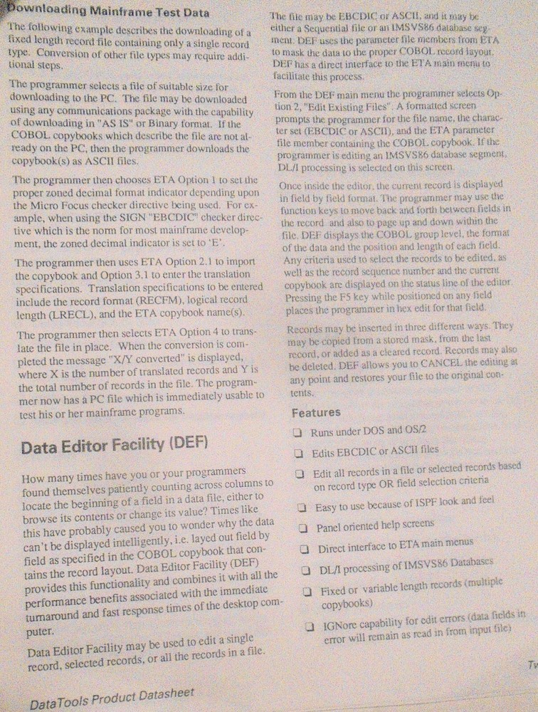Micro Focus COBOL - 4 Brochures, 1989: Dialog System, 370 Assembler, Data Tools