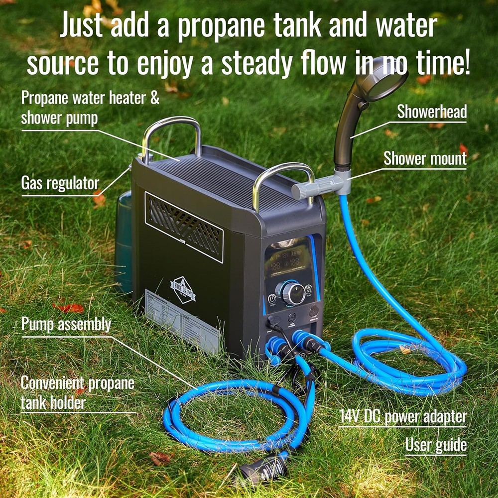 Hike Crew Propane Water Heater & Shower Pump, Rechargeable Camping Heater.