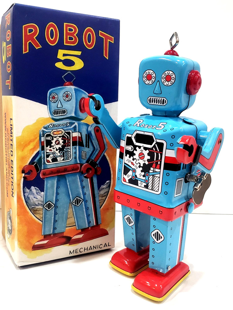 Robot 5 Blue Robot Windup Tin Toy