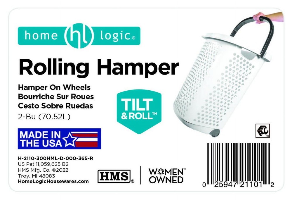 Home Logic 2 Bushel White Plastic Rolling Laundry Hamper with Pop-Up Handle