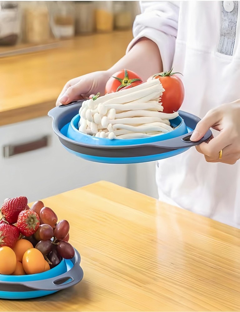 2 PCS Red Round Collapsible Silicone Kitchen Colander Plastic Handle Strainer