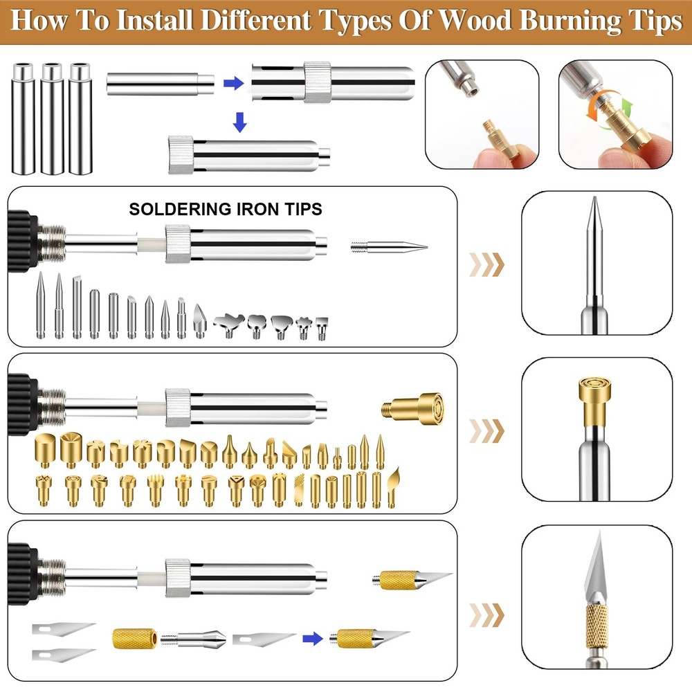 62Pcs Wood Burning Tips, Professional gold & silver
