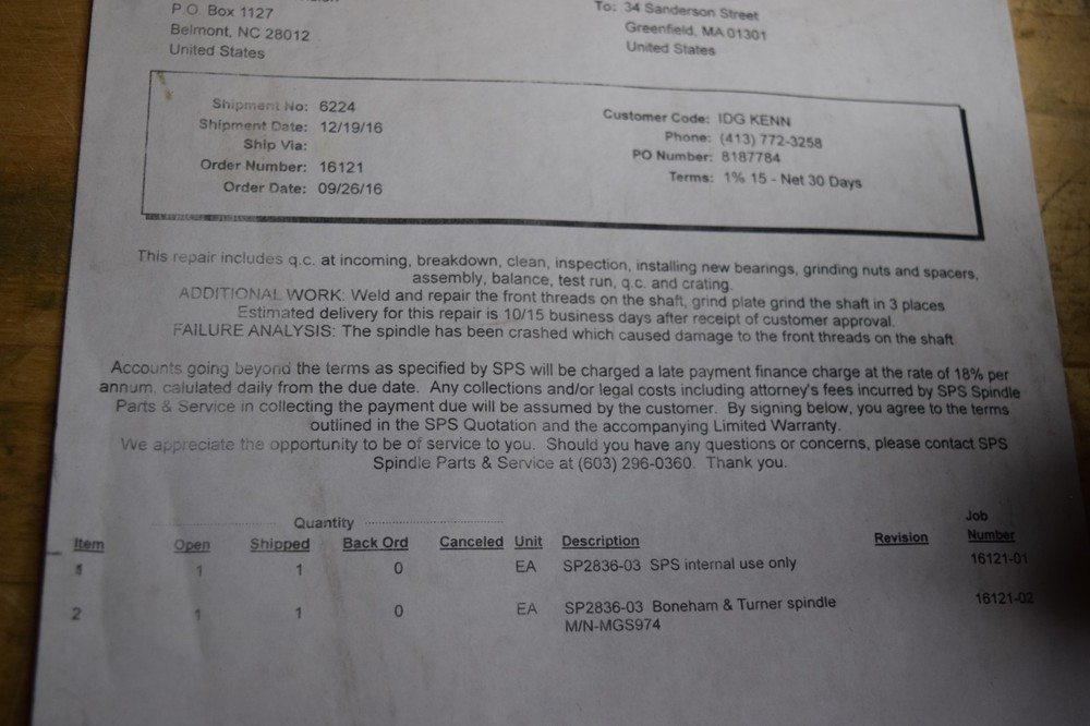 Boneham & Turner MGS974 Spindle