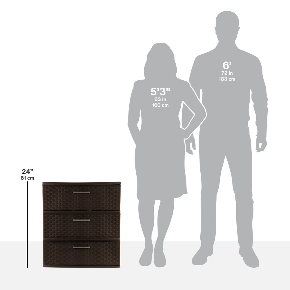3 Drawer Wide Weave Plastic Tower Brown