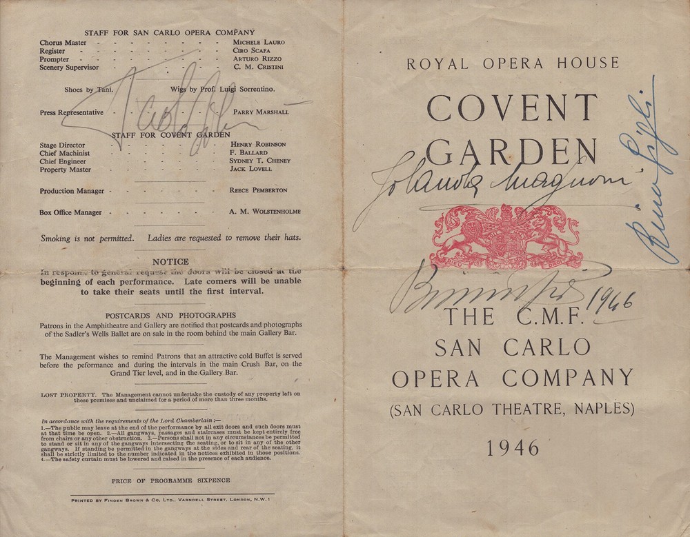 BENIAMINO GIGLI - PROGRAM SIGNED 1946 WITH CO-SIGNERS