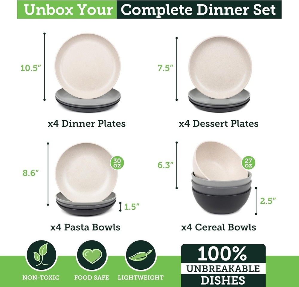 Grow Forward 16-piece Premium Wheat Straw Dinnerware Sets for 4 - Unbreakable Di