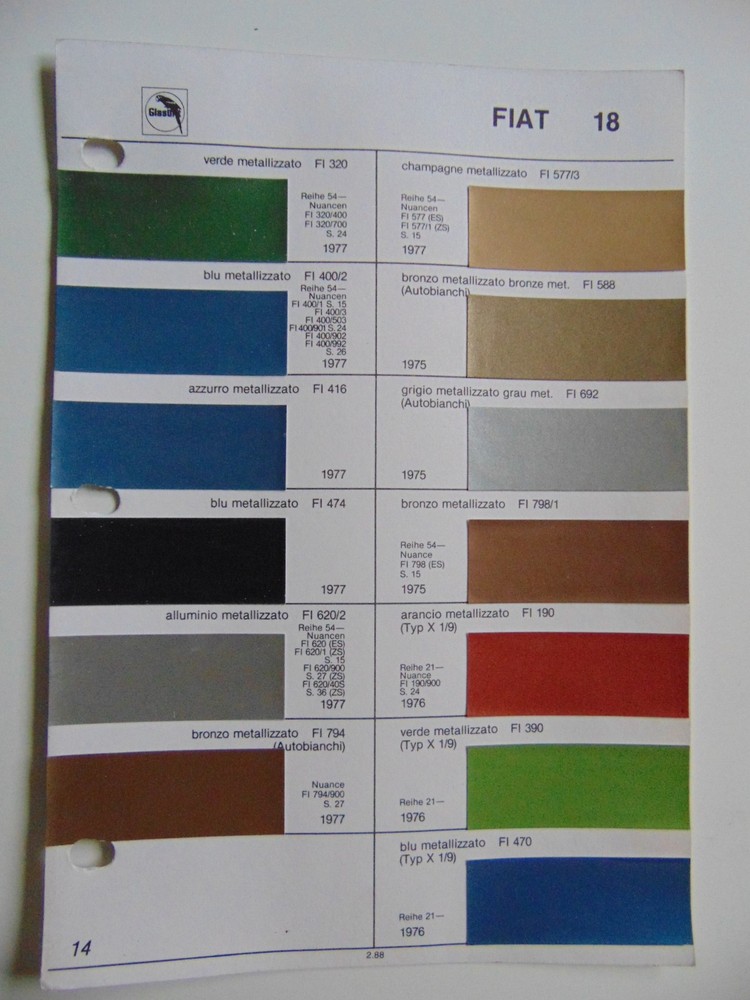 Original Glasurit Fiat Paint Chips Sheet - 1975-1977
