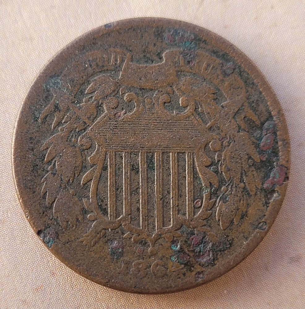 1864 Shield Two Cent Piece Coin First Year VG Very Good Details
