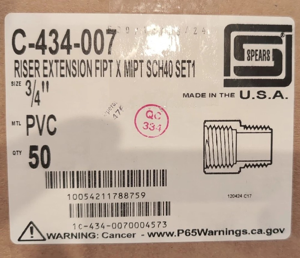 3/4" SCH40 PVC Riser Extension FIPT X MIPT. Box Of 50