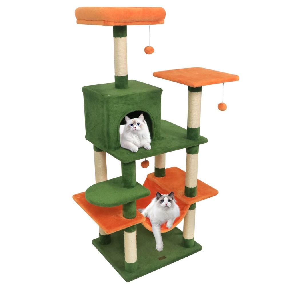 58” Tall Multi-level Cat Tree w/Upholstered Perch & Cat Condo, Comfy Hammock
