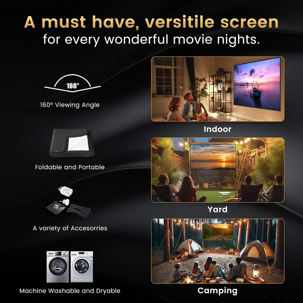 120 inch Projector Screen Upgraded- Black Backing, Straight Edges, Foldable, ...