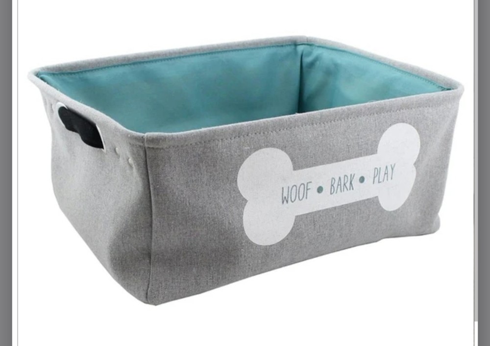 Winifred and Lily 17"x13" Grey w/ Teal Inside Linen Rectangular Pet Storage Bin